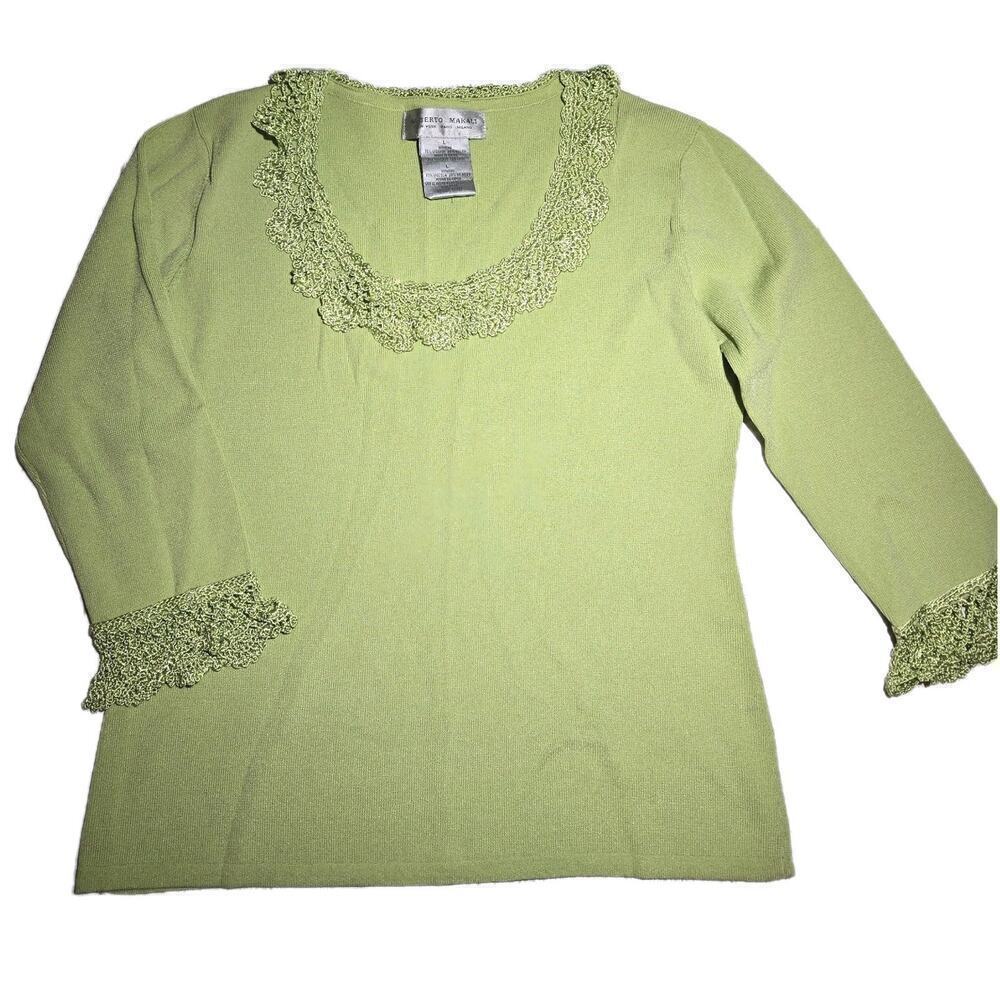 ALBERTO MAKALI Lime Green Lightweight Sweater Silky Crochet Collar Sleeve Large